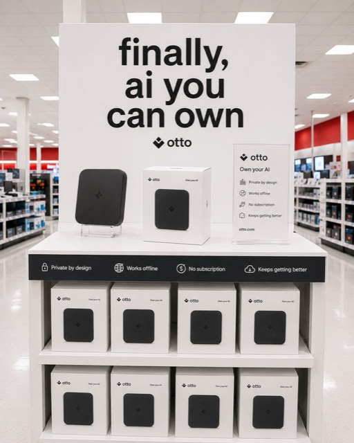 AI-rendered retail display of Otto boxes: finally, AI you can own