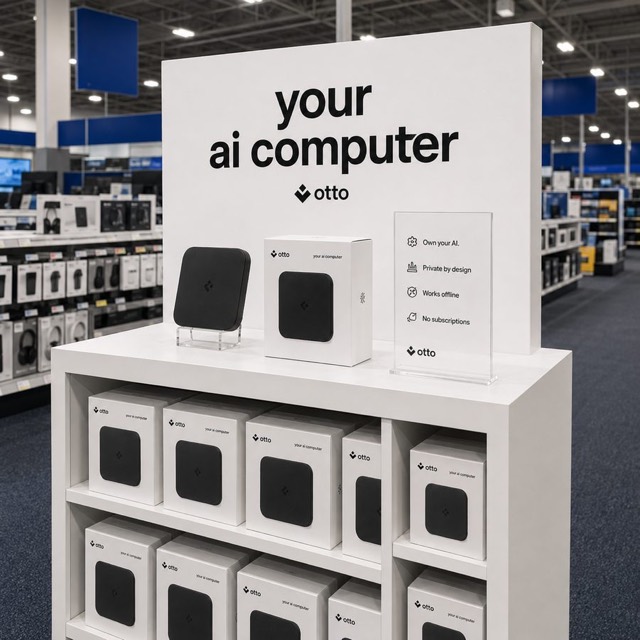 AI-rendered electronics store shelf stocked with Otto boxes